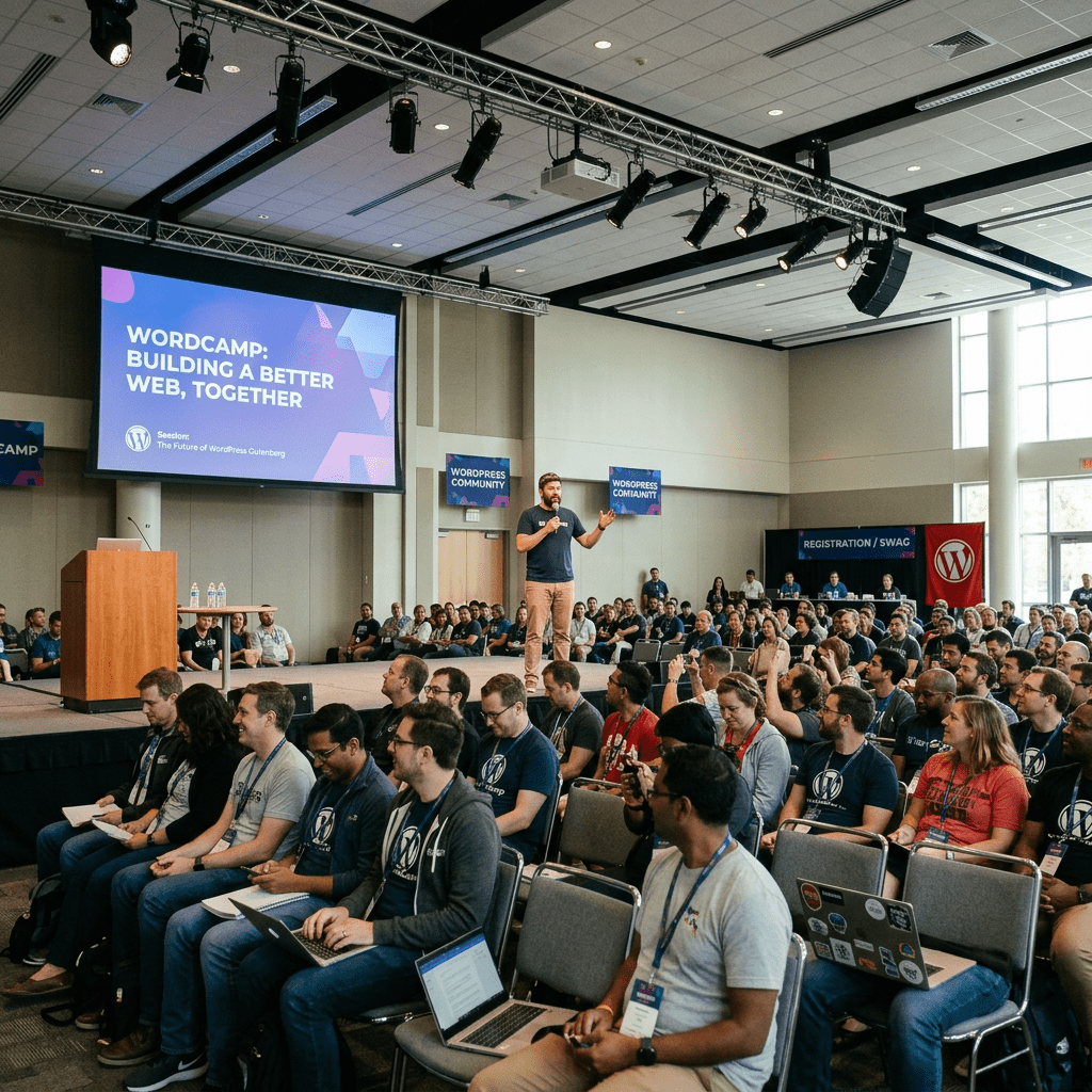 Speaker presenting on WordCamp with audience listening and taking notes