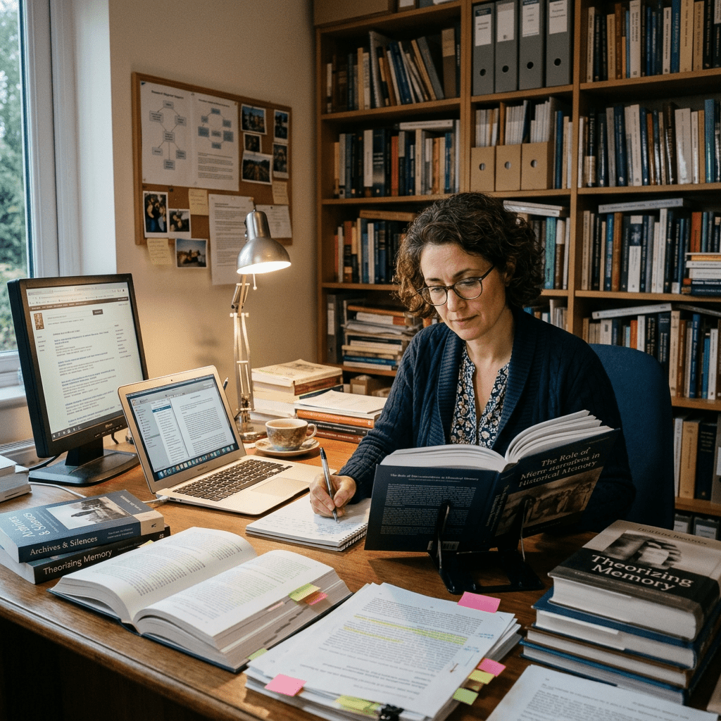 Researcher in a library office reading and taking notes surrounded by books and computer